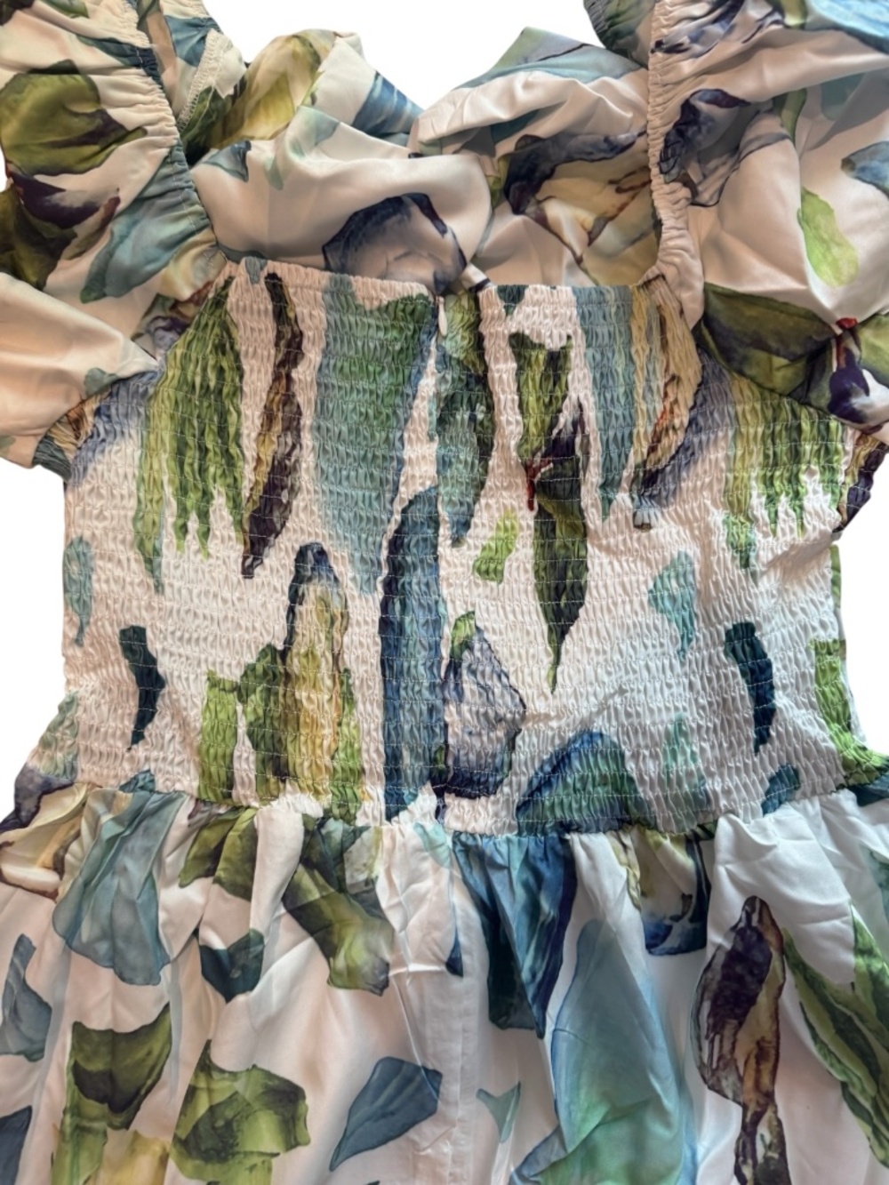 S.DEER Women's Tropical Leaf Print Maxi Dress Puff Sleeve Resort Summer NWT - Picture 6 of 7